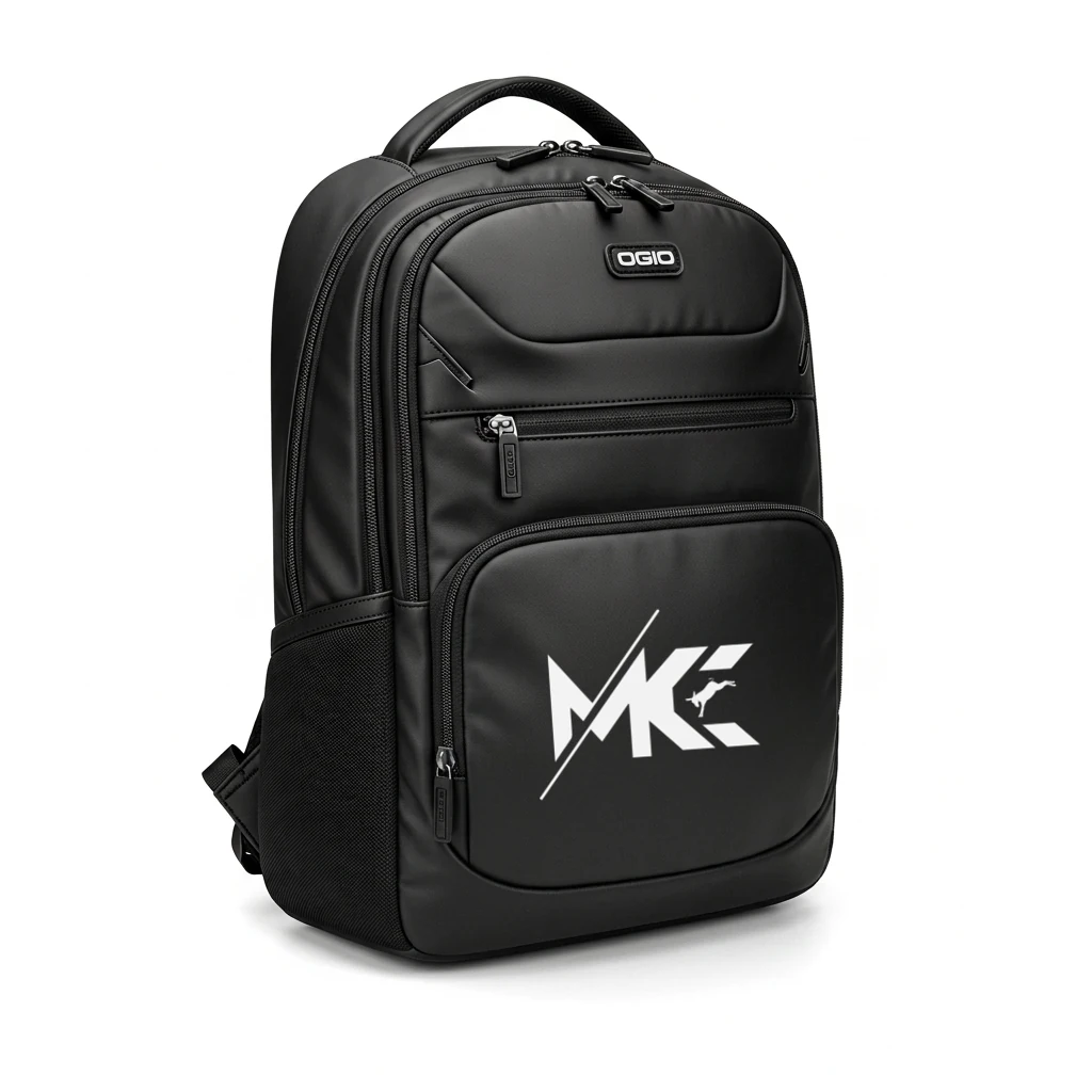 Closed black OGIO backpack with a white MuleCo Inc logo