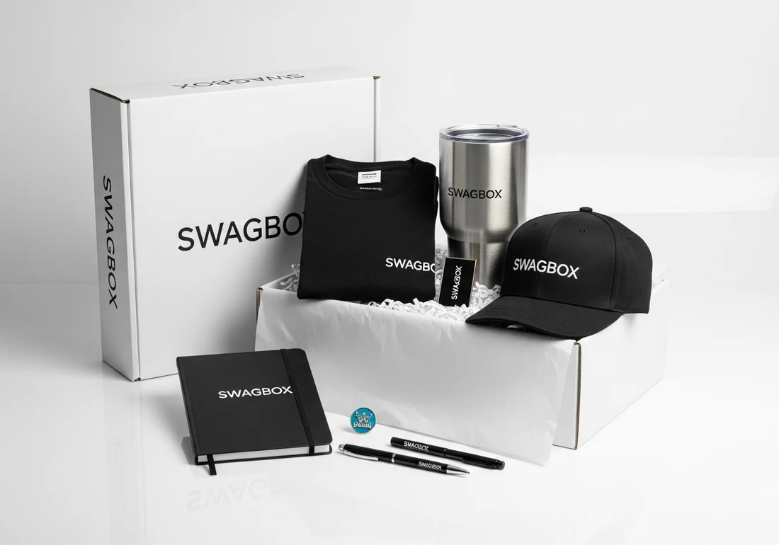 Premium branded SWAGBOX kit with custom t-shirt, hat, tumbler, and accessories