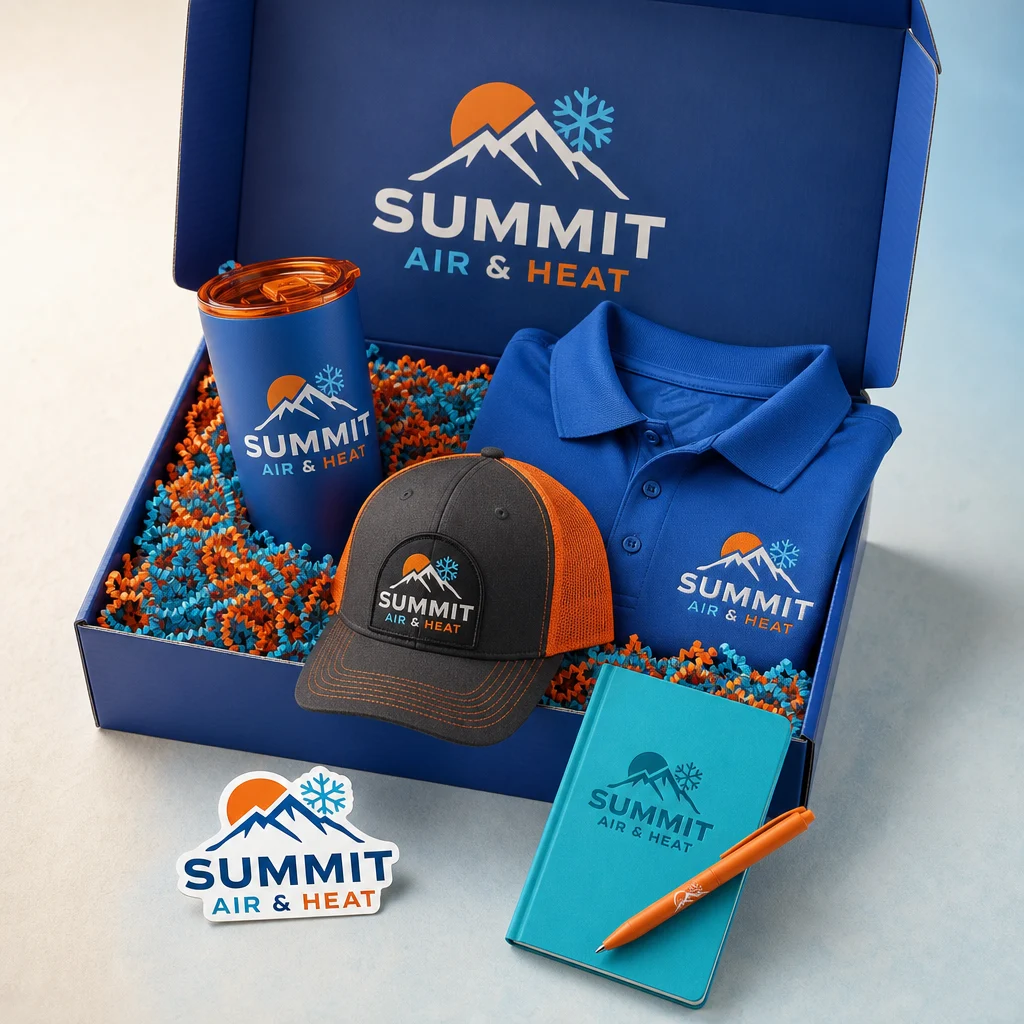 Branded apparel and accessories in a colorful sample crew kit